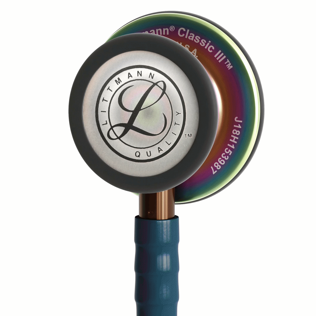 Stéthoscope Littmann Classic III Edition Spéciale - Lyre bleu caraïbes - Tête Arc-en-Ciel - Tige Dorée