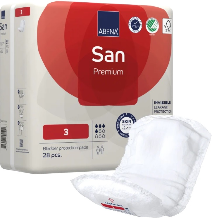 ABENA SAN PREMIUM - 3 - Lange anatomique avec bande adhésive - 11 x 33 cm - 500 ml - Rouge - 7x28pièces 