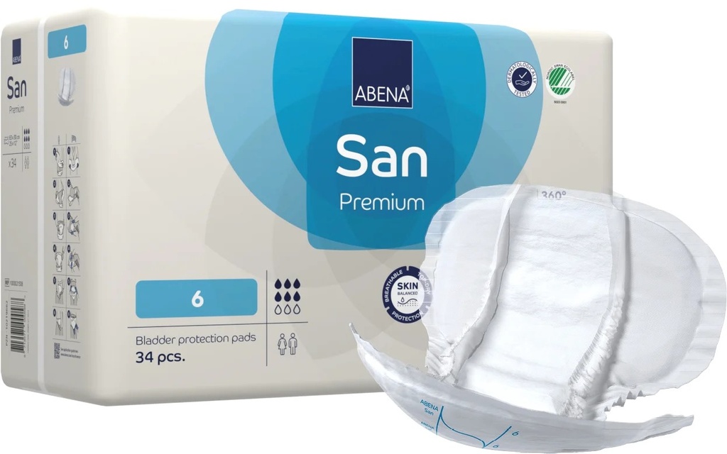 ABENA SAN PREMIUM - 6 - Lange anatomique - 30 x 63 cm - 1600 ml - Bleu - 3x34pièces 