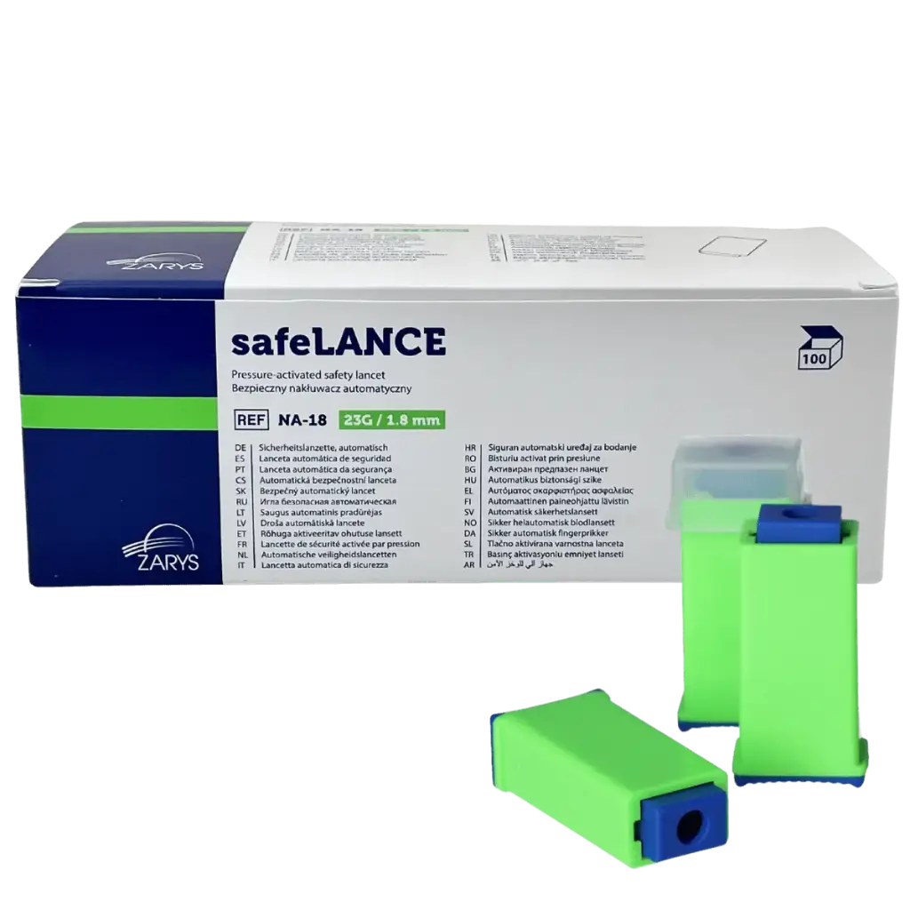 ZARYS safeLANCE Lancettes autopiqueur - lancette de sécurité activée par pression - 23G 1.8mm - Boîte de 100 