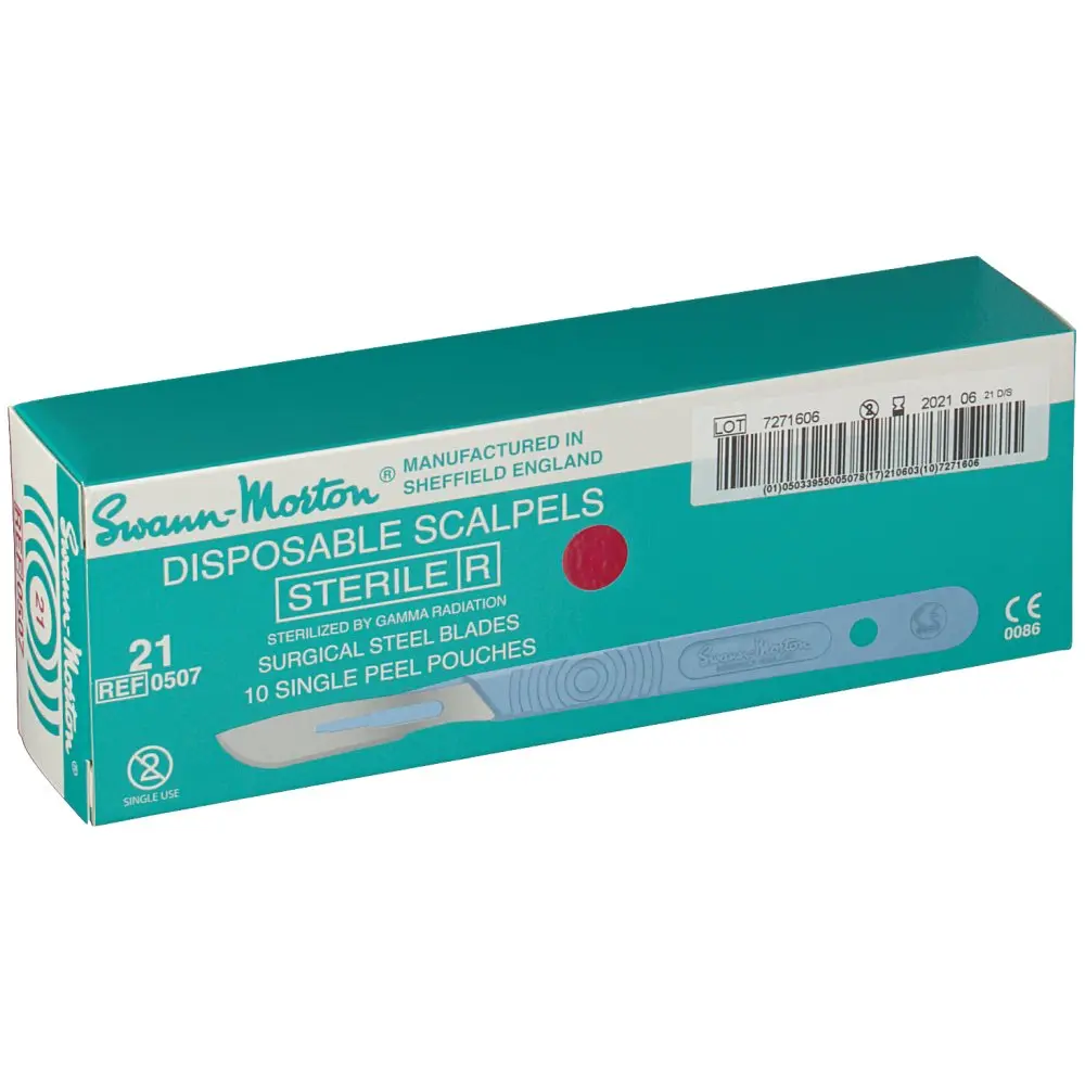 [BISTOURIMONT21] Bistouri monté Swann & Morton (Manche + Lames) stérile à usage unique n°21 - Boîte de 10